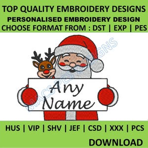 Custom Name Embroidery Design For Machine, Santa and Deer Embroidery Design, Christmas Machine embroidery File, Letter Embroidery Pattern