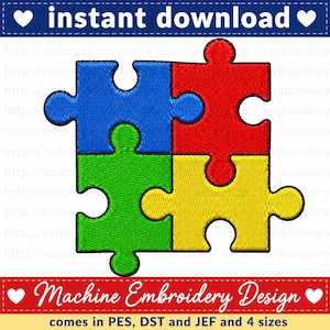 Autism Awareness Puzzle Piece Embroidery Design | Machine Embroidery File | Instant Download | 4 Sizes | PES DST JEF