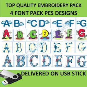 4 Sets of full fonts PES designs on USB brother Machine Embroidery files to embroider letters alphabet pack 2 classic wings angel cartoons