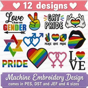 12 Pride Embroidery Designs, LGBTQ Rainbow Machine Embroidery Files, LGBT Embroidery, pes Jef dst, 4 Sizes, Instant Download