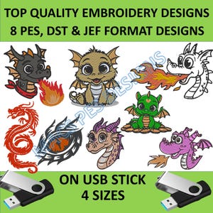 8 Cute Baby Dragon Machine Embroidery Design - fire Baby Dragons Embroidery Files  4 Sizes - on USB pes dst jef embroidery designs