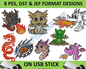 8 Cute Baby Dragon Machine Embroidery Design - fire Baby Dragons Embroidery Files  4 Sizes - on USB pes dst jef embroidery designs