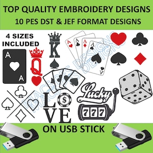 Diseños de bordado de casino PES JEF DST naipes Bordado en USB Paquete de 4 tamaños Bordado de logotipo de póquer Diseño xxx Bordado de uniforme de juego