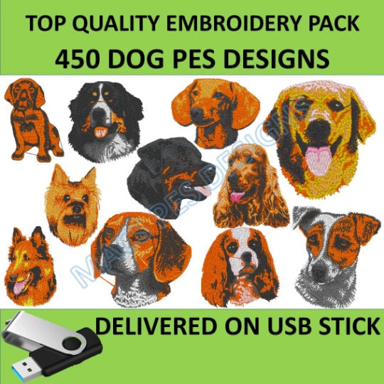 Dogs PES embroidery pack on USB or digital  over 450 designs files to embroider puppy usb pes pack jack russell usb pes design format