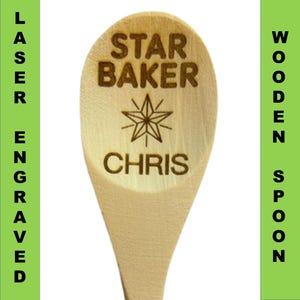 Star Baker Wooden spoon personalised cooking utensil stirring spoon top chef stirrer, Natural wood spoon award, turned made in England Gift