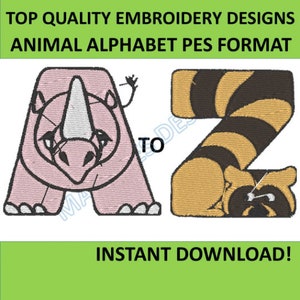 Fuentes de letras de animales: 26 diseños PES Archivos de bordado a máquina Descarga instantánea Texto del alfabeto Paquete de archivos bordados Brother de 4 x 4 pulgadas