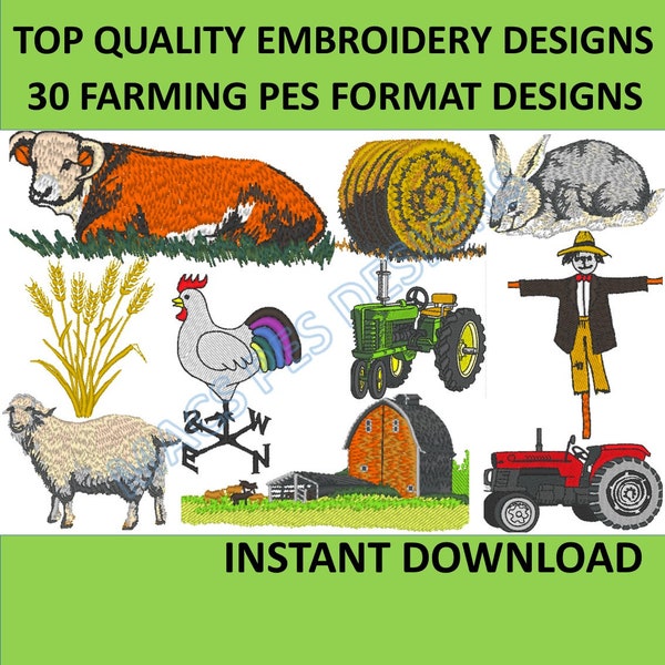 Fichiers de broderie Machine PES vie à la ferme en téléchargement immédiat PES vie animaux animaux pes pack 5 tracteurs agriculteur pes designs pack frère