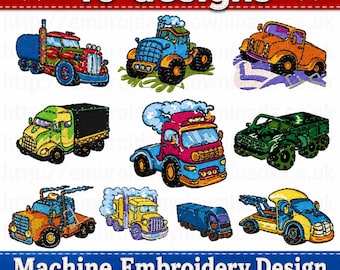 Truck Embroidery Designs – 10 PES Files, Lorry Transport (Digital Download)