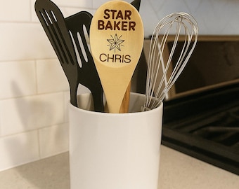 Star Baker Wooden spoon personalised cooking utensil stirring spoon top chef stirrer, Natural wood spoon award, turned made in England Gift