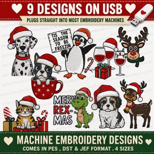 Könnte beinhalten: Eine Sammlung von neun Maschinenstickmustern auf einem USB-Stick. Die Grafiken zeigen einen Dalmatiner, einen Pinguin mit einem Schild 'TIS THE SEASON TO BE FREEZIN', Weingläser, ein Rentier, eine Katze, einen Dinosaurier mit dem Text 'MERY REX-MAS' und einen Welpen.