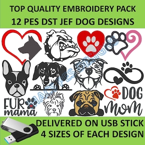 May include: A selection of dog embroidery designs, featuring different breeds and paw prints, with the text "FUR mama" and "DOG mom". The designs are delivered on a USB stick, with 4 sizes of each design. The top banner reads "TOP QUALITY EMBROIDERY PACK".