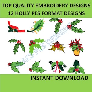 Holly & ivy embroidery Applique Designs. 12 Holly embroidery design. Embroidery design holly leaves. Christmas embroidery design holly.