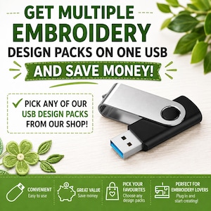 Può includere: Una chiavetta USB nera e argento con un connettore blu. L'immagine contiene il testo: GET MULTIPLE EMBROIDERY DESIGN PACKS ON ONE USB AND SAVE MONEY! PICK ANY OF OUR USB DESIGN PACKS FROM OUR SHOP! CONVENIENT, GREAT VALUE, PICK YOUR FAVOURITES.