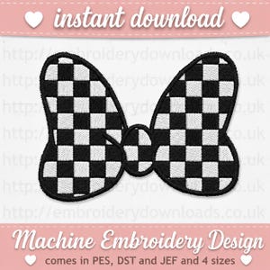 Checkered bow machine embroidery design, trendy and cute retro embroidery for girls, ribbon embroidery download, side seem applique