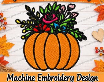 Kürbis-Stickmuster, Blumen-Kürbis-Maschinenstickerei, Herbststickerei, Erntedankfest-Design, 5 Größen, Sofort-Download