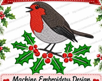Robin bird on holy tree branch machine embroidery design, Christmas embroidery files, retro style, intricate, multiple sizes download