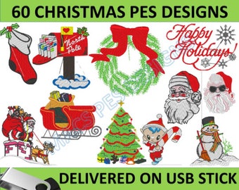 Christmas 60 PES / digital designs on USB brother Machine Embroidery files to embroider santa pes memory stick christmas pes presents