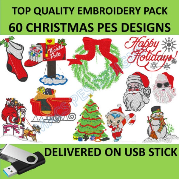 Christmas 60 PES designs on USB brother Machine Embroidery files to embroider santa pes embroidery memory stick christmas pes presents