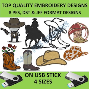 Cowboy Embroidery Designs PES JEF DST boot 8 Embroidery Machine 4 Sizes pack hat Embroidery Design usb stick western