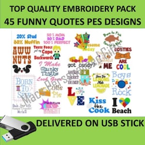 Funny Quotes embroidery 45 PES designs on USB Machine Embroidery files brother pack business funny cute memory stick