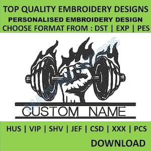 May include: Black and white embroidery design of a hand lifting a barbell with flames behind it. The text "CUSTOM NAME" is below the image. The text "HUS | VIP | SHV | JEF | CSD | XXX | PCS" is below the text "CUSTOM NAME". The text "DOWNLOAD" is at the bottom of the image.