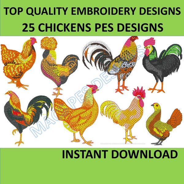 Pollos de granja 25 diseños PES Archivos de bordado de máquina descarga instantánea animales de vida agrícola paquete 3