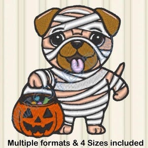 Trick or Treat hond spook borduurwerk ontwerpen, spook hond borduurwerk, Halloween machineborduurbestanden, hondenliefhebber borduurwerk bestand pug download