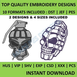 May include: Two embroidery designs featuring skull-shaped grenades. One is gray with a skull face, the other is white with a skull design. The image includes the text "TOP QUALITY EMBROIDERY DESIGNS" and "INSTANT DOWNLOAD".