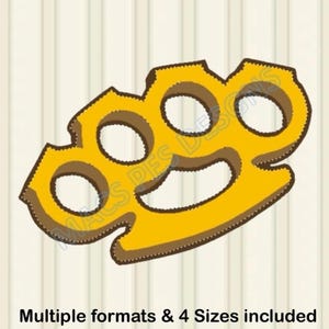 May include: A cartoon-style brass knuckle design in yellow with brown outlining. The image includes the text "Multiple formats & 4 Sizes included" at the bottom. The design has four finger holes and a curved shape.