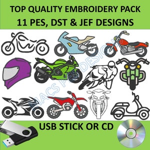 Motorbike PES DST JEF embroidery designs on usb / cd 11 designs 4 sizes pes racing pes scooter dst biker jef pack riding pack