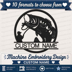 Könnte beinhalten: Ein schwarzes Maschinenstickdesign mit einem kreisförmigen Rahmen, einer Silhouette einer angelnden Person und einem springenden Fisch. Unter dem kreisförmigen Rahmen befindet sich ein horizontaler Balken mit dem Text CUSTOM NAME in fetten schwarzen Großbuchstaben.