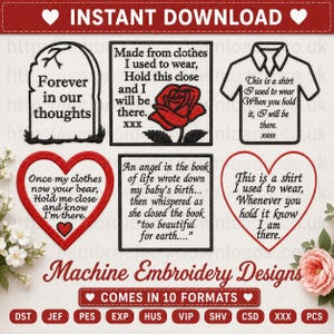 Puede incluir: Una colección de seis diseños de bordado a máquina con citas conmemorativas e imágenes. El conjunto incluye una forma de lápida, una rosa roja, un contorno de camisa y dos formas de corazón, con texto negro sobre fondo blanco.