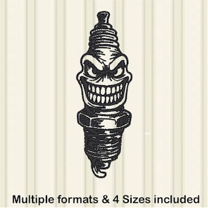 May include: Black and white embroidered design of a spark plug with a menacing face. The spark plug has a threaded base and a detailed, stylized design. The text "Multiple formats & 4 Sizes included" is at the bottom.