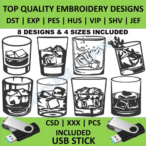 Whiskey glass Embroidery Designs PES JEF DST vodka drink Embroidery on usb 4 Sizes pack logo Embroidery xxx Design shv csd pes exp hus vip