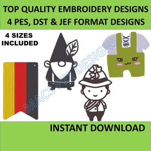 Pode incluir: Desenhos de bordado com uma bandeira alemã, um gnomo, um rapaz bávaro e uma roupa verde. O texto diz "TOP QUALITY EMBROIDERY DESIGNS", "4 PES, DST & JEF FORMAT DESIGNS", "4 SIZES INCLUDED" e "INSTANT DOWNLOAD".
