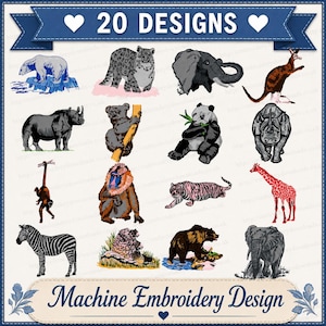 Zoo Animals Machine Embroidery files instant download 4 x 4 inch brother embroidered pack files animals lion tiger elephant 20 pes dst jef