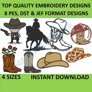 Cowboy Embroidery Designs PES JEF DST boot 8 Embroidery Machine 4 Sizes pack hat Embroidery Design instant download western instant download