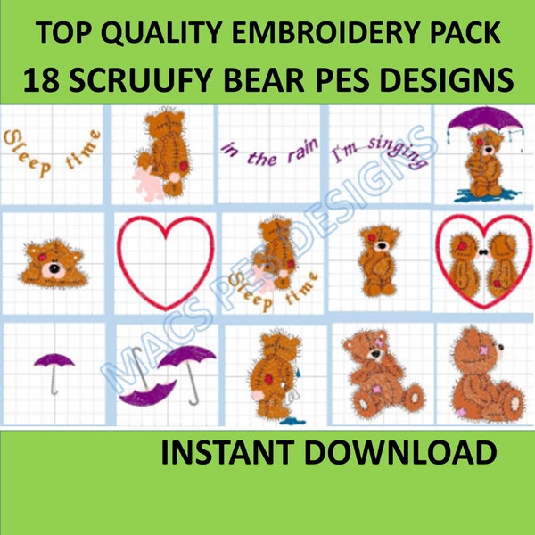 Scruffy teddy Bear 18 PES designs Machine Embroidery files instant download brother file pack embroider teddy bear cuddly kids toy me to you