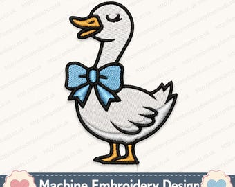 Diseño de bordado a máquina de ganso lindo y gracioso en cuatro tamaños, ganso encantador con un gran lazo, archivo de bordado de varios tamaños / lindo diseño dst jef