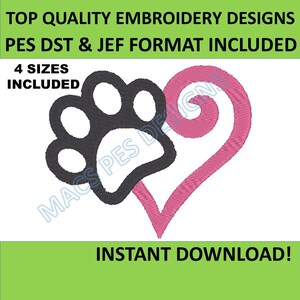 Cat dog paw Heart Embroidery design Machine 4 Sizes, Embroidery jef Machine Designs Embroidery pes machine dst download pet love kitty