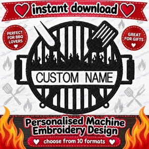 BBQ Split Utensil Embroidery Design, Grill Tools Machine Embroidery File, personalised Download personalised embroidery design name patch