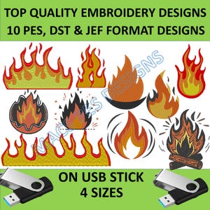 Fires Designs for Embroidery Machine on USB stick digital file stitch cartoon fire 10  fire embroidery designs pes dst jef designs
