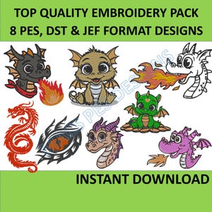 8 adorables diseños de bordado a máquina de dragones bebés - Archivos de bordado de dragones bebés de fuego en 4 tamaños - Descarga instantánea de diseños de bordado pes dst jef