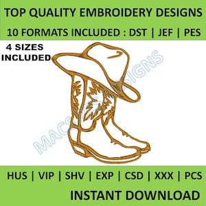 cowboy boot & hat embroidery design – western machine embroidery pattern pack (pes, jef, dst, exp, hus, vip, xxx, shv, csd) – 4 sizes