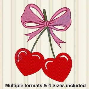 Heart Cherries with Bow Embroidery Design, Coquette Valentines Machine Embroidery Designs, Instant Digital Download, Mini, 4x4, PES DST JEF