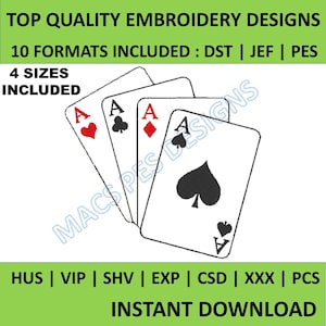 Four Aces Machine Embroidery Design 4 Sizes, Playing Cards Embroidery Pattern, Casino Gambling Embroidery Design, Poker Game Embroidery File