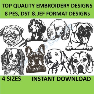 8 Dog Faces machine embroidery designs, 4 sizes, dog breeds embroidery patterns outline sketch style, for dog owners, light density