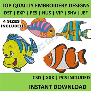 Diseño de bordado de animales marinos, lindo diseño de bordado a máquina de animales marinos de dibujos animados, patrón de bordado de peces, descarga instantánea