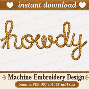 Howdy Embroidery Design, Western Embroidery Design, Machine Embroidery Design, 4 Sizes, Instant Download cowboy rope embroidery file