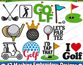 Golf Embroidery Designs, 12 Golf Machine Embroidery Files, PES JEF DST, Golf Embroidery Designs on usb,  Golf Gift
